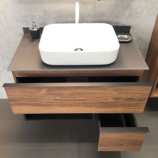 Тумба-умывальник COMFORTY Штутгарт-90 00-00002868, дуб тёмно-коричневый с черной столешницей c раковиной COMFORTY T-Y9378